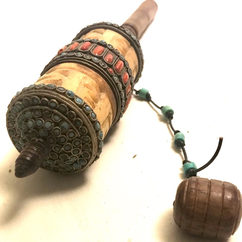 Vintage Brass, Turquoise & Coral Hindu Prayer Wheel.